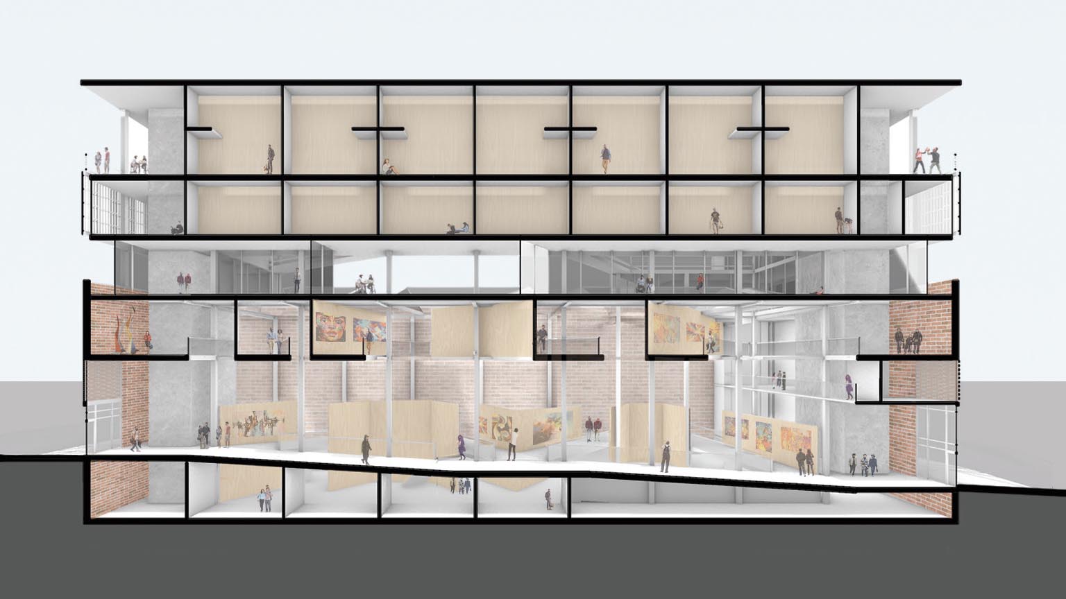 Section perspective showing how floor cuts work to form the gallery walkways and how those are always visually connected to the ground and basement floors. It also highlights the co-working floor, which has an inset glass façade that allows the co-living floors to conceptually float above the existing brick building.