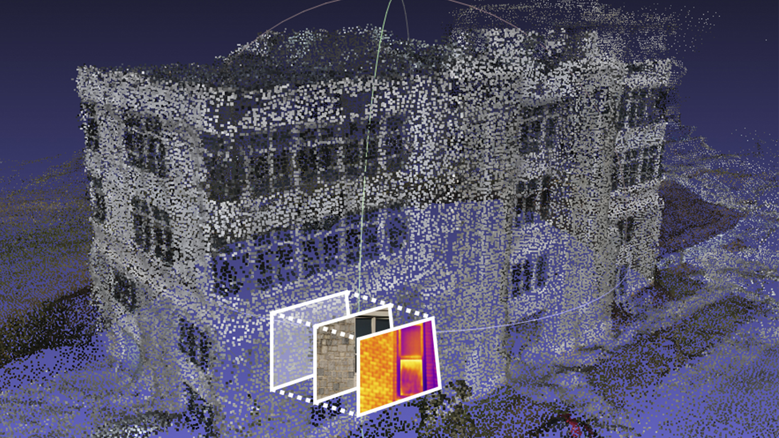 The 3D cloud point was reconstructed with its local coordinate system by using photogrammetry techniques to process UAV-images captured in a spiral flight path. The location (3D coordinates in the local coordinate system) of the RGB and IR images for close-range façade inspection were identified by the proposed image matching and transformation algorithms.