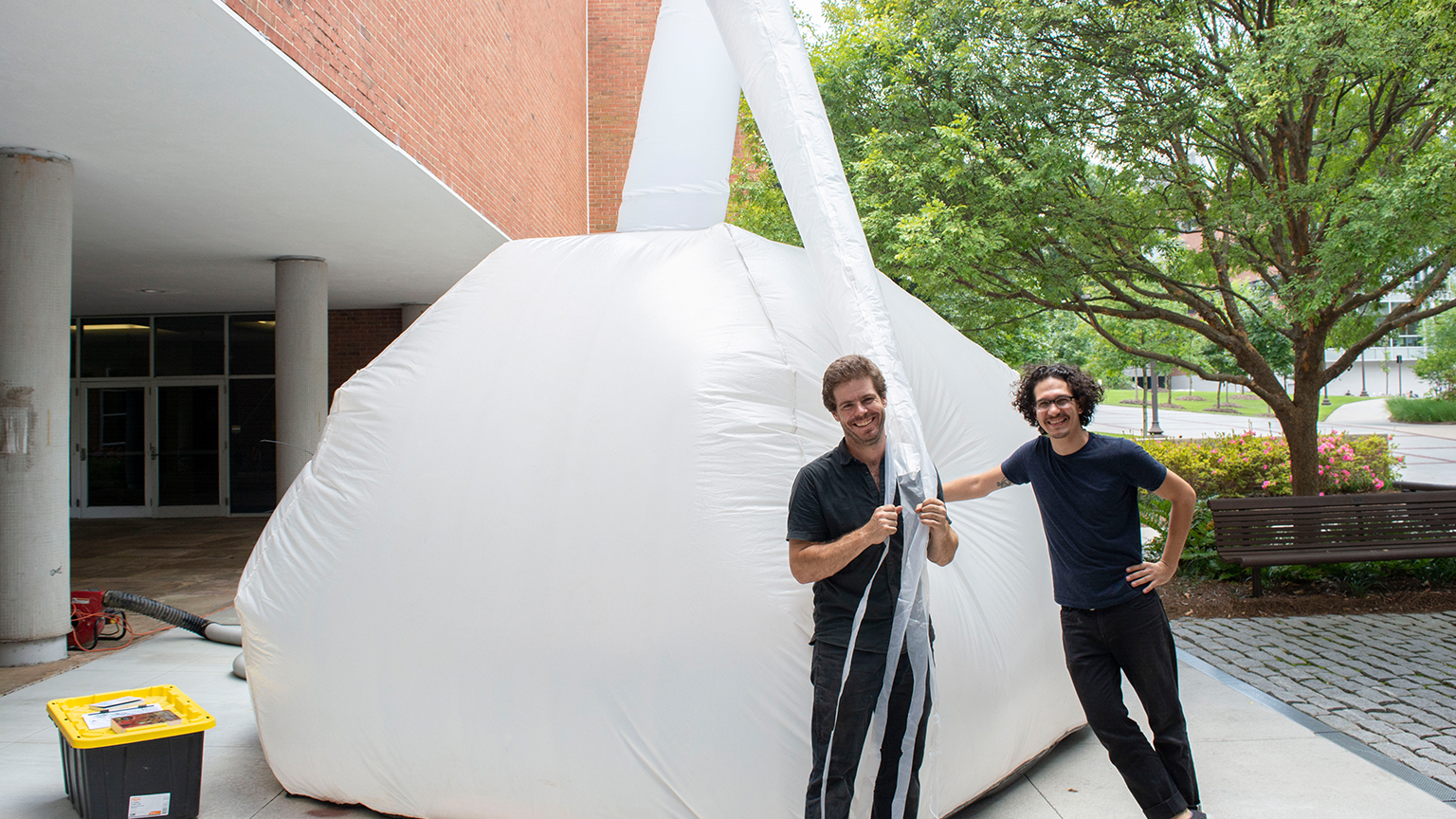 Michael Koliner (Master of Architecture, '20) and Jonathan Dessi-Olive at a "pop-up" of an independent study project on inflatables