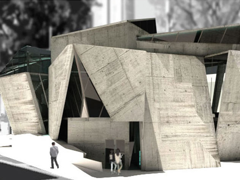 Exterior building rendering by sophomore Halley Kellum from Harris Dimitropoulos' Spring 2020 studio