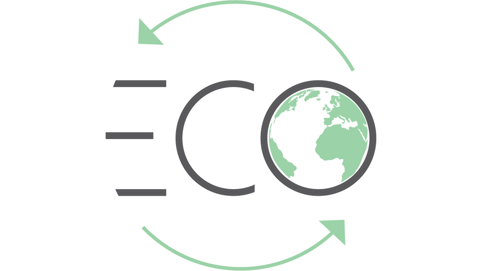 The graphic for ECO features the letters ECO with green arrows to represent recycling, reducing, and reusing, and a globe is inside the letter O.