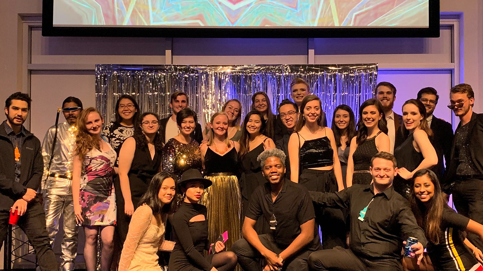 Group photo of AIAS at the Beaux Arts Ball at the Garage in Tech Square