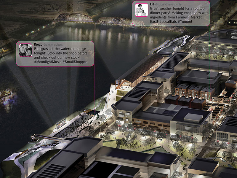 Rendering of an active mixed-use waterfront development in the evening 