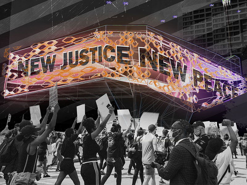 Rendering of a group of protestors in front of a projection that reads "New Justice, New Peace" by Will Reynolds