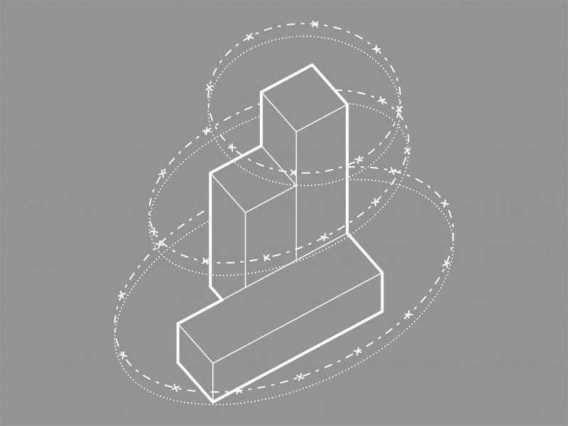 Greyscale icon demonstrating an aerial inspection of a building's envelope.