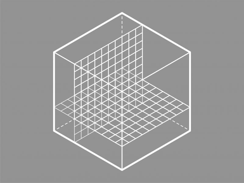 A greyscale icon of a cube with an interior graph to measure the space. 