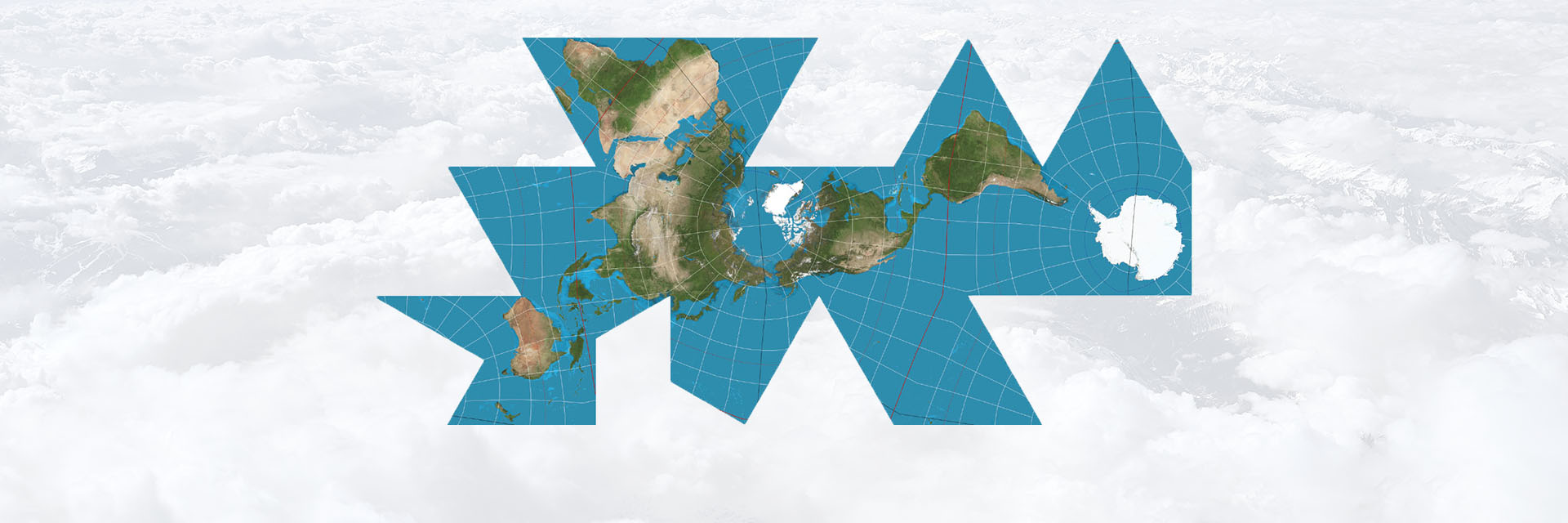 Dymaxion world map placed over clouds.