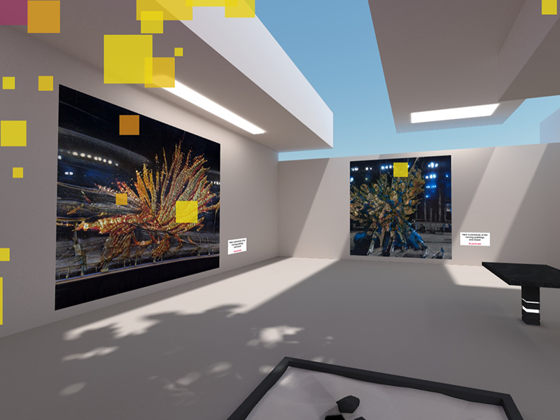 A virtual gallery space with benches.