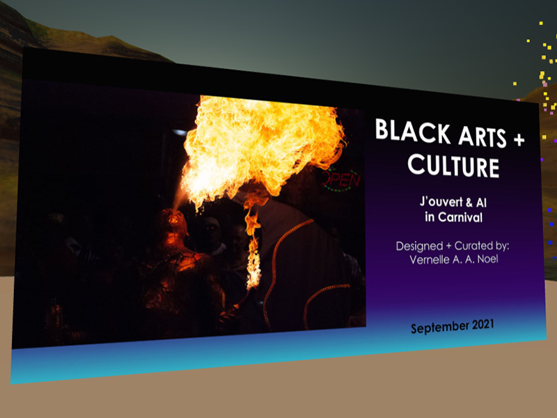Signage for "Black Arts + Culture" in a virtual outdoor space.