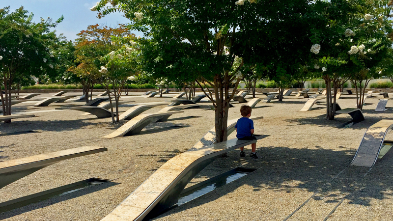 A photo of the National 9/11 Pentagon Memorial.