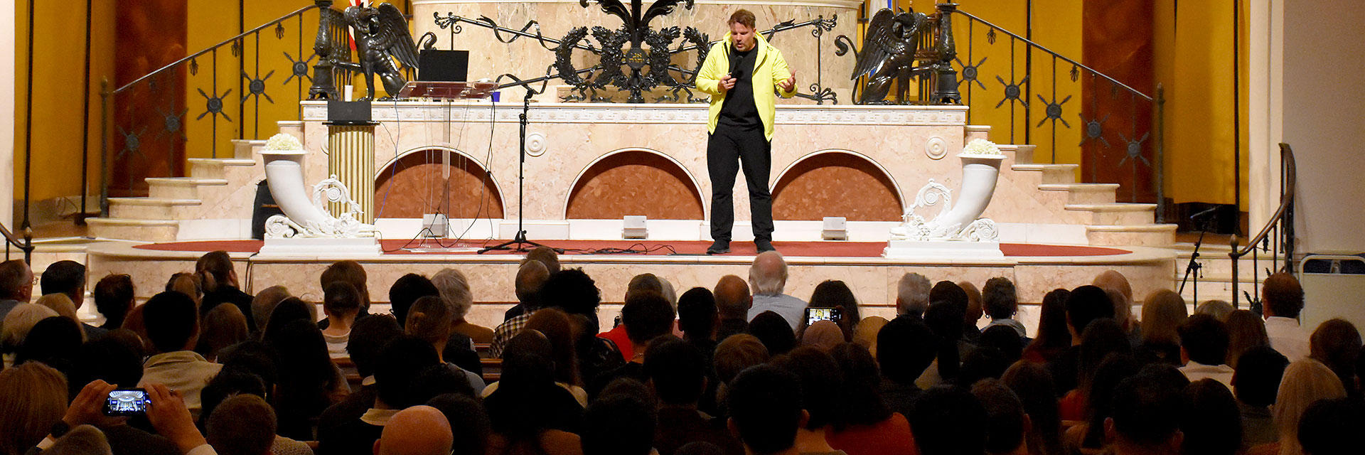 Bjarke Ingels presents to a packed audience at The Temple in Atlanta, Georgia.