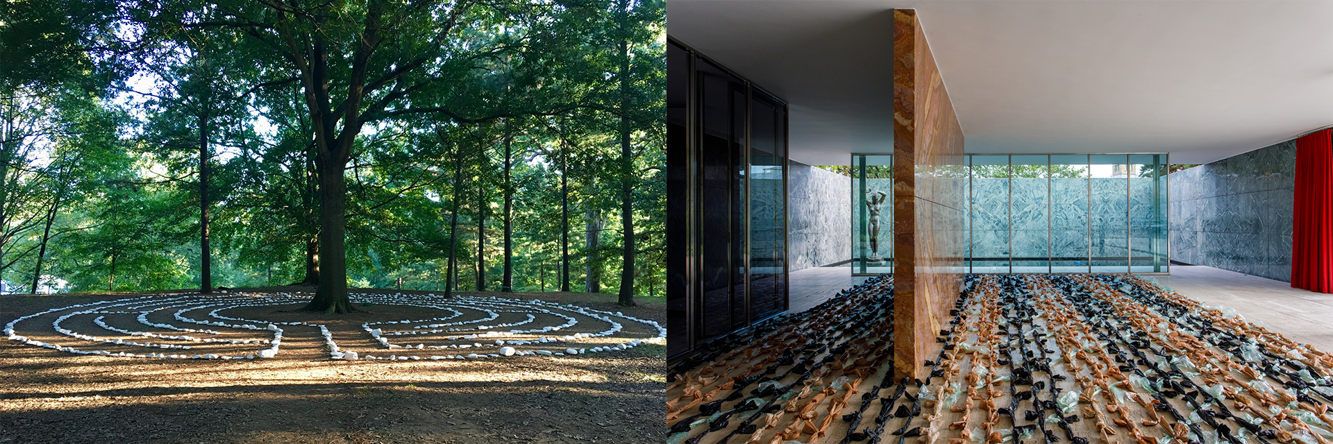 Side-by-side composite image. The left side shows a labyrinth of porcelain stones around a tree. The right side shows a carpet made of disposable plastic bags on the floor of the main room in Mies van der Rohe Pavilion