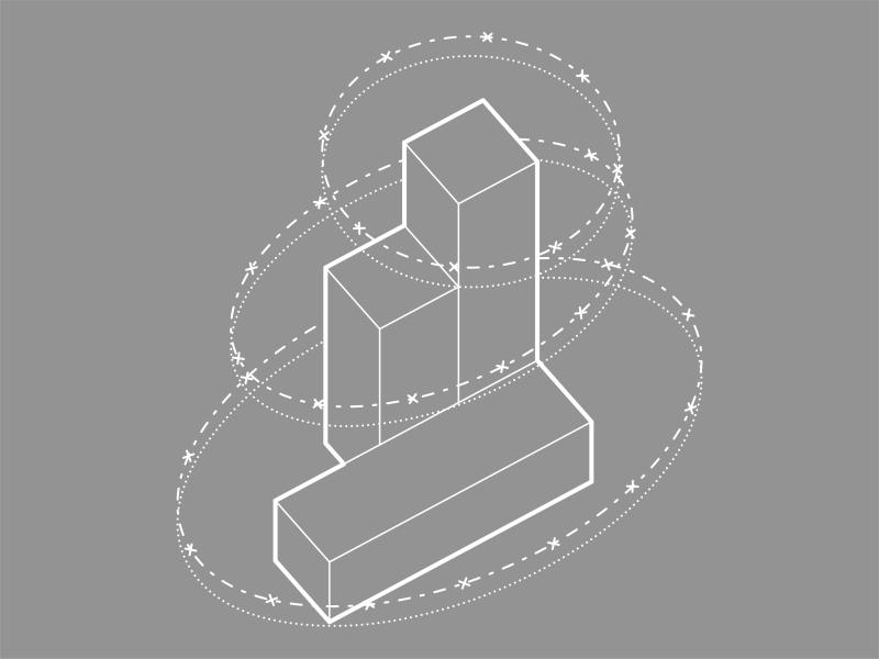 Greyscale icon demonstrating an aerial inspection of a building's envelope.