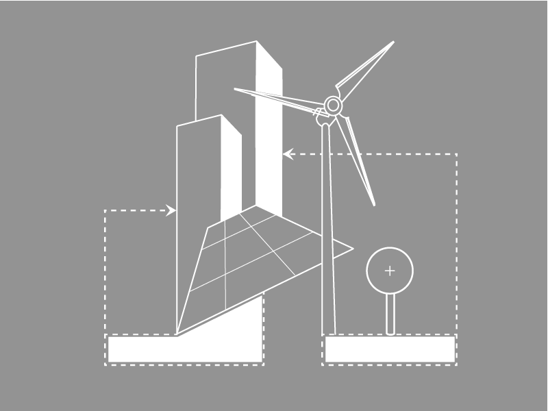 A graphic design with a wind turbine and solar array