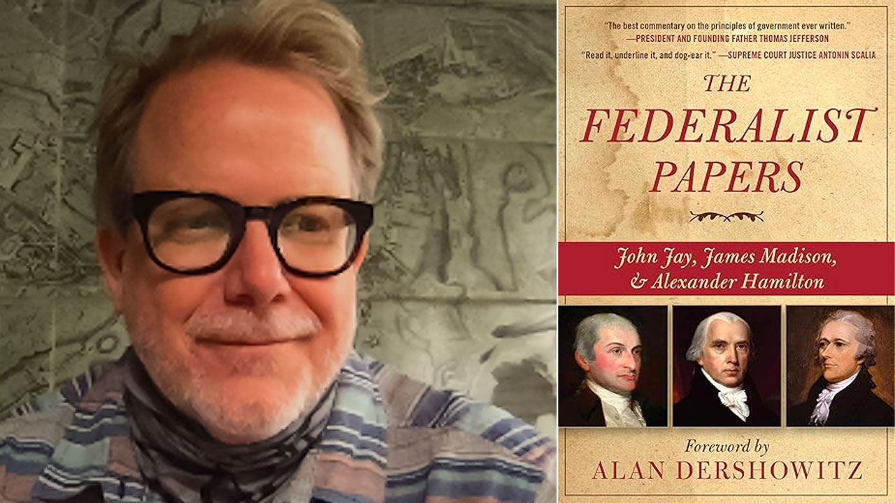 Michael Gamble, left, and the cover of "The Federalist Papers" book, right.