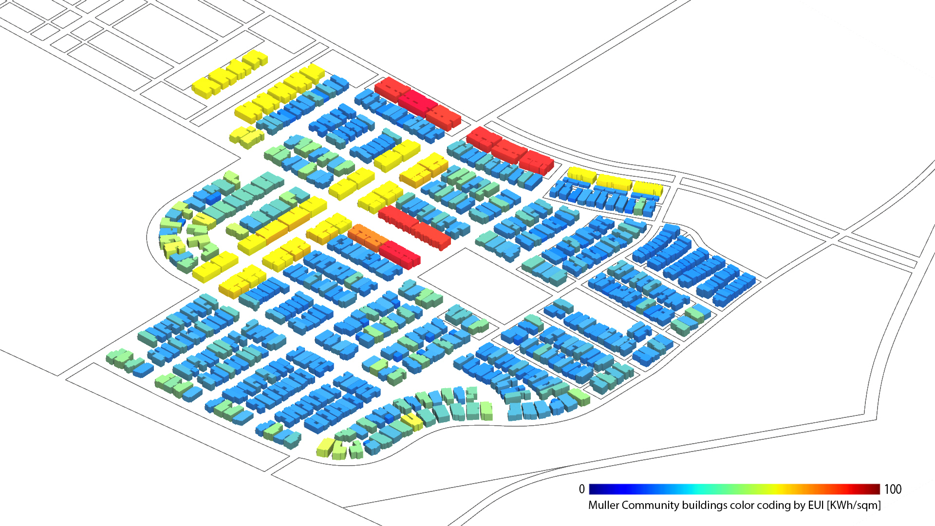 Urban building energy modeling with buildings rendered in different colors