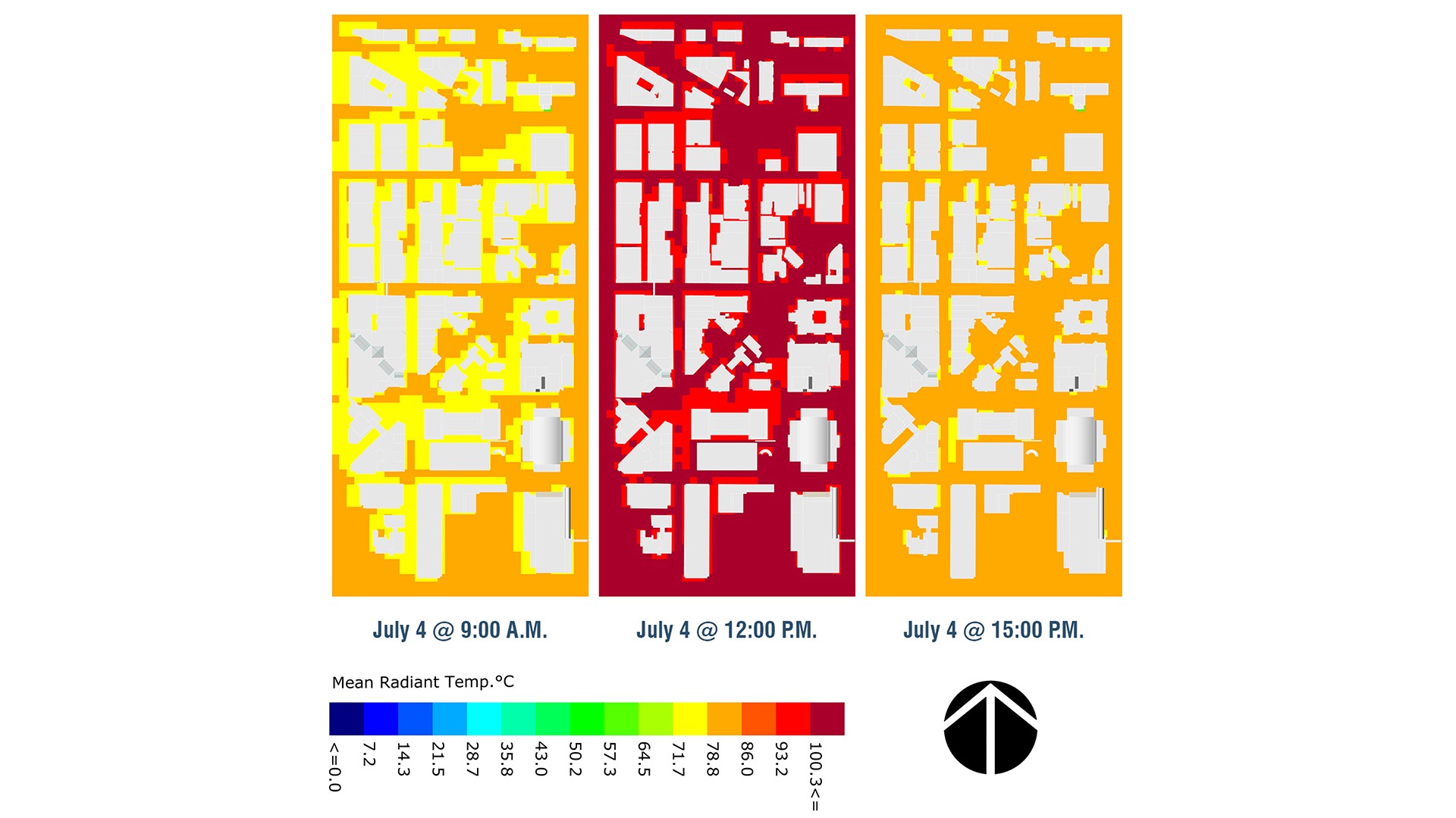 A map showing conditions of outdoor thermal comfort in a city across a day
