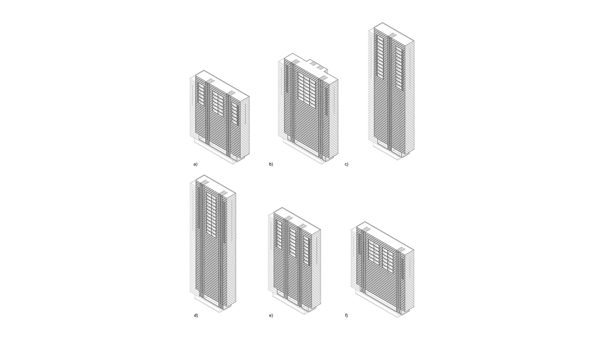 Six sectional models of Miesian courthouse design variations automatically generated by the software implementation of the Dirksen Grammar