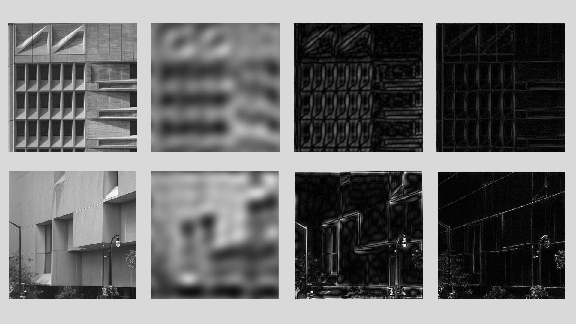 Eight images in greyscale depicting views of Breuer's facade designs.