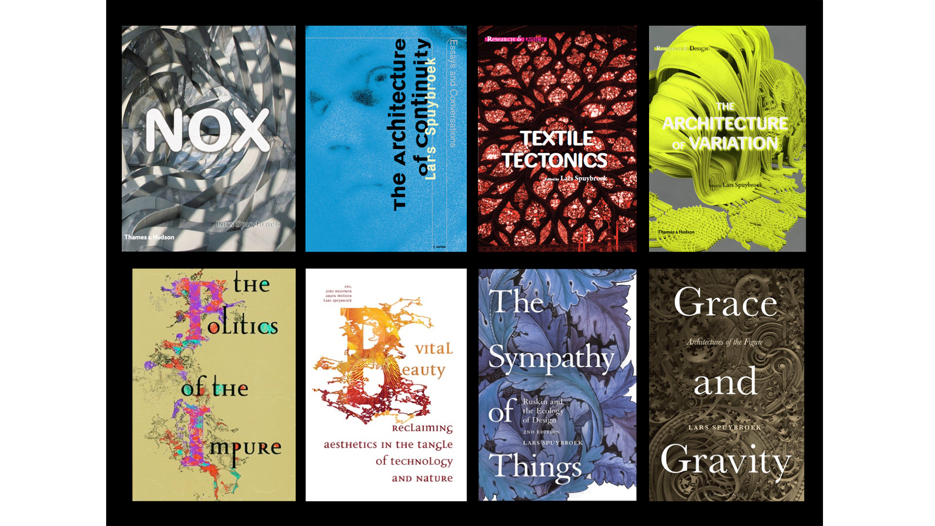 Cover images of eight books by Lars Spuybroek.