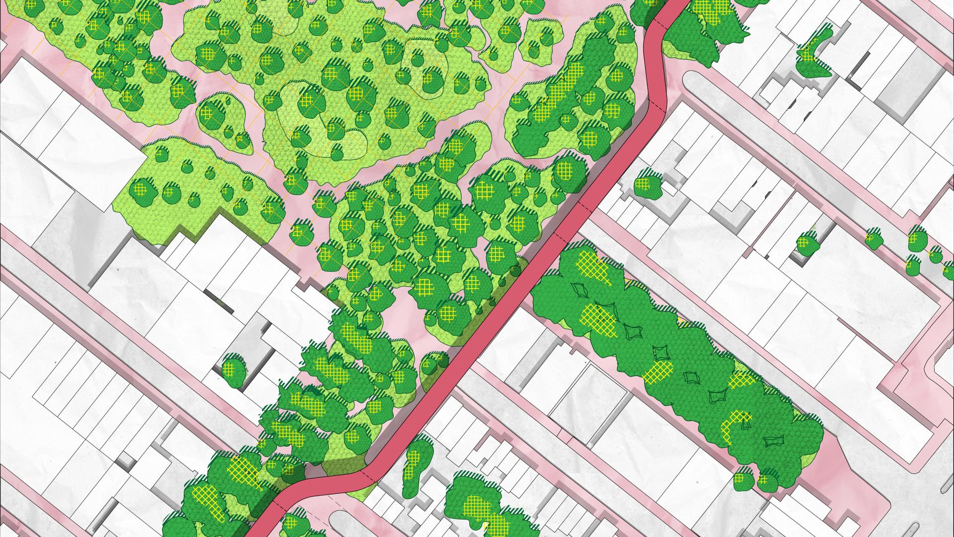 Photo of site plan of a re-wilded BQE centered around a trail between a neighborhood and park.