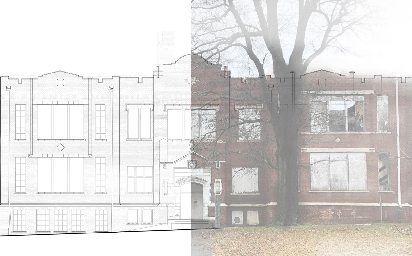 Hybrid drawing/photograph design of an English Avenue elementary school.