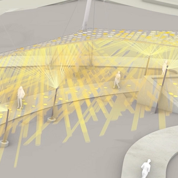 A digital rendering of light reflecting off the tiles of the Path of Progress