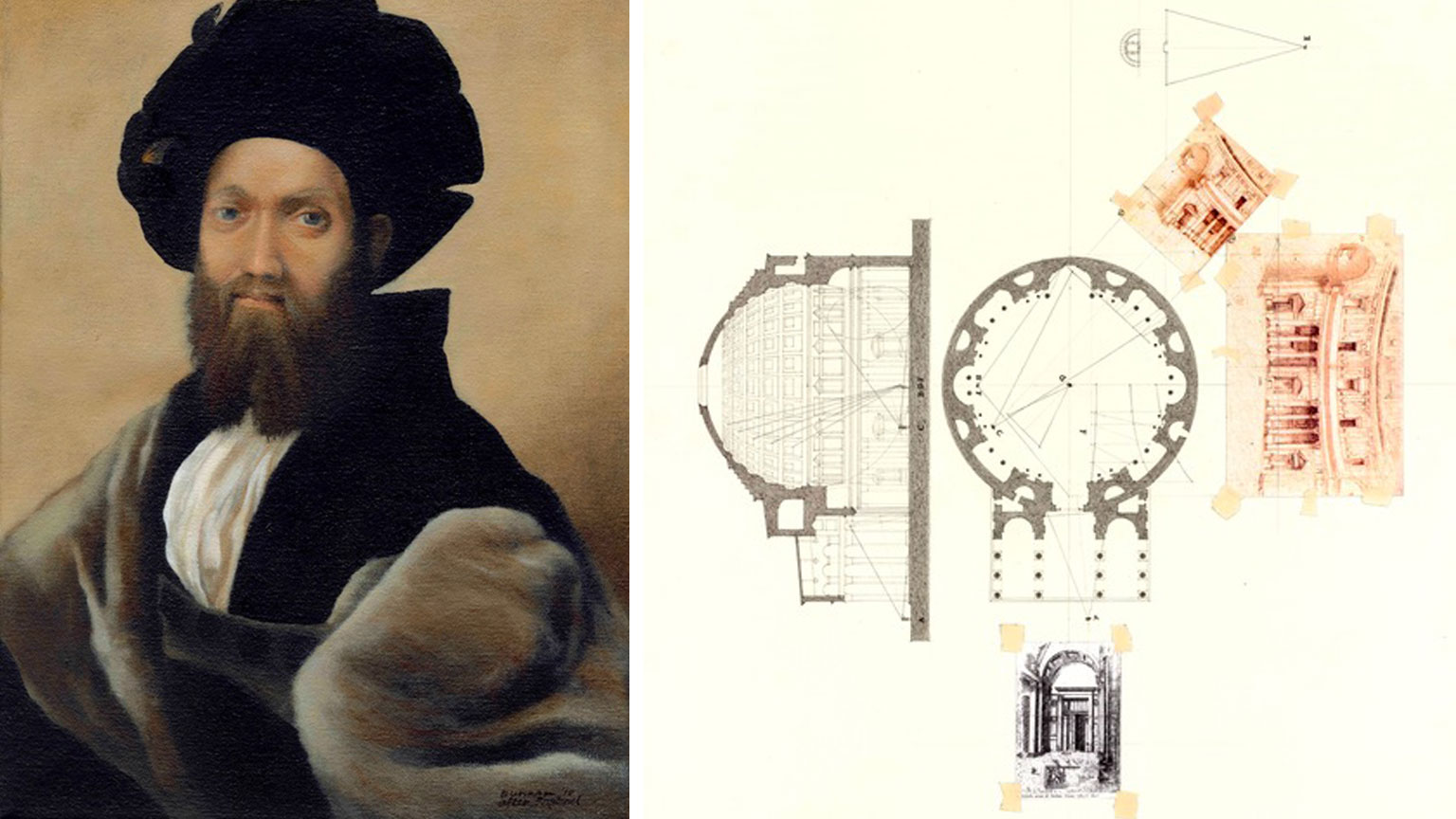 Painting of Raphael and sketch of the Pantheon
