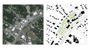 A satellite image and a figure ground plan of the same area side by side